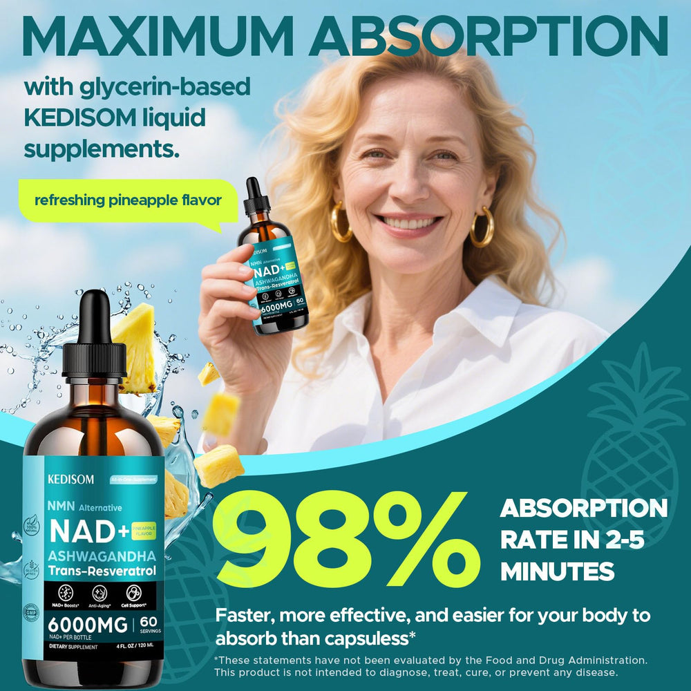 NAD+ liposomal liquid drops with pineapple flavor in a glass