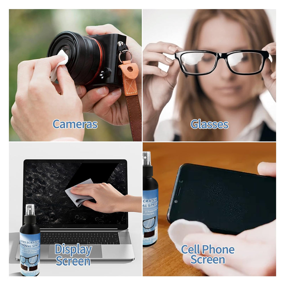 Hands using KEHOO eyeglasses cleaning spray on lenses