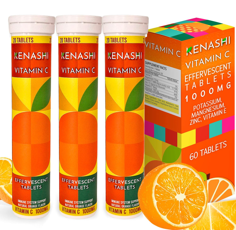 Kenashi Vitamin C 1000mg effervescent tablets in a 3-pack box (60 tablets per pack)