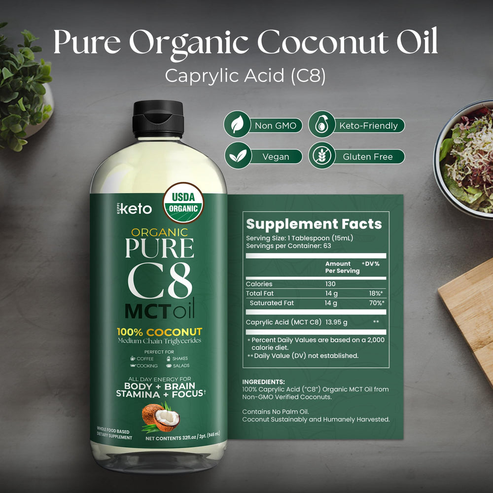 Keppi MCT Oil C8 32oz label showing Non-GMO and Gluten-Free