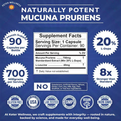 Label showing 700 mg levodopa extract potency for brain health