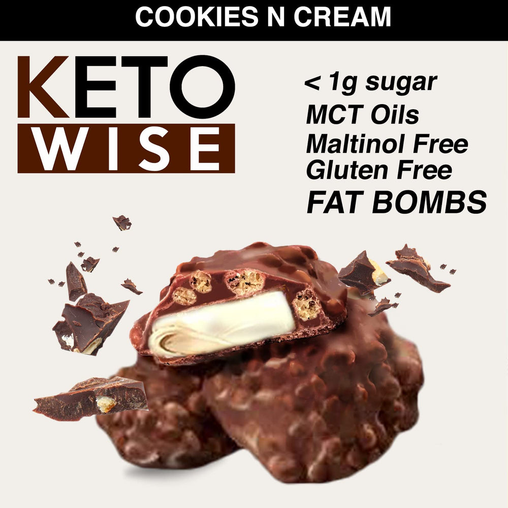 Keto Wise Fat Bombs Cookies N Cream packaging on display