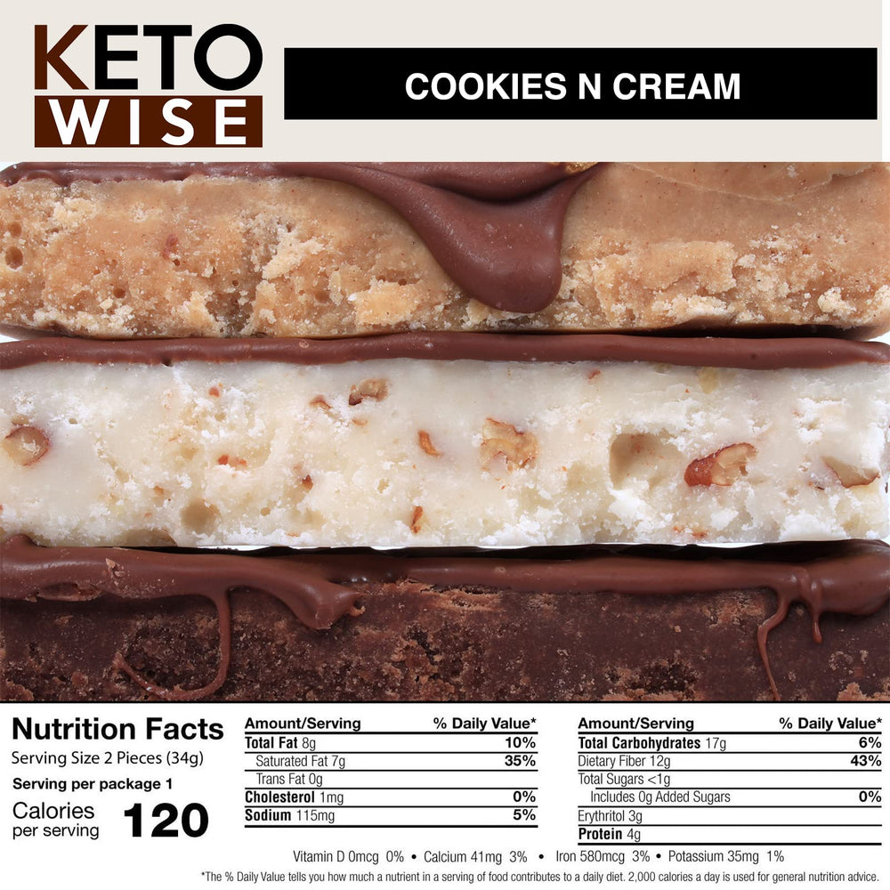 Keto Wise Fat Bombs Cookies N Cream box with 16 two-piece portions