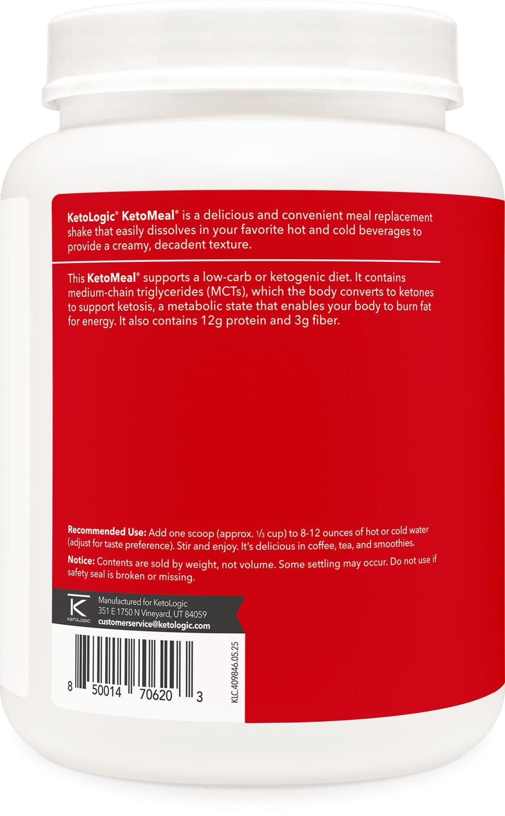 MCT oil and grass-fed whey ingredients label on KetoLogic shake