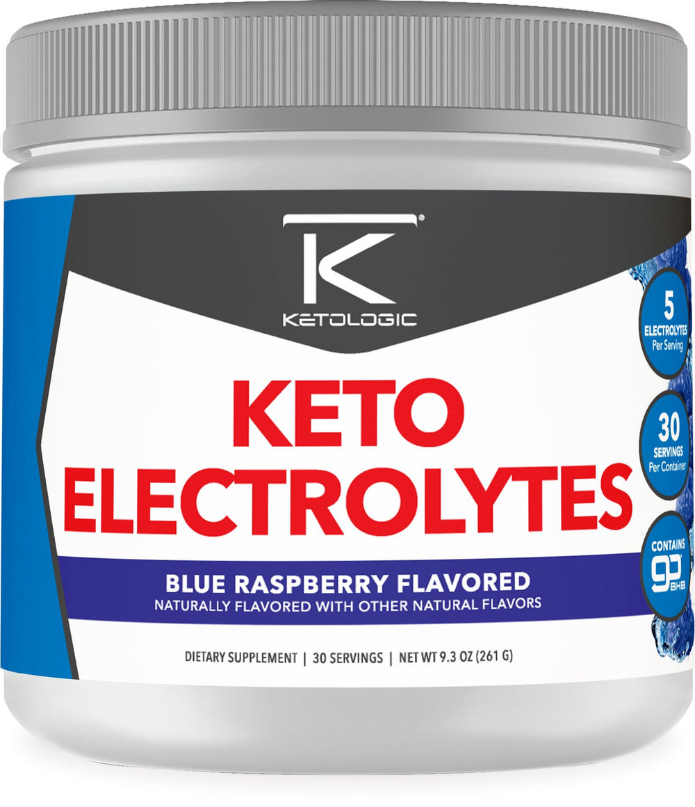 Ketologic Keto Electrolyte Powder Blue Raspberry bottle shows sugar-free hydration for keto goals.