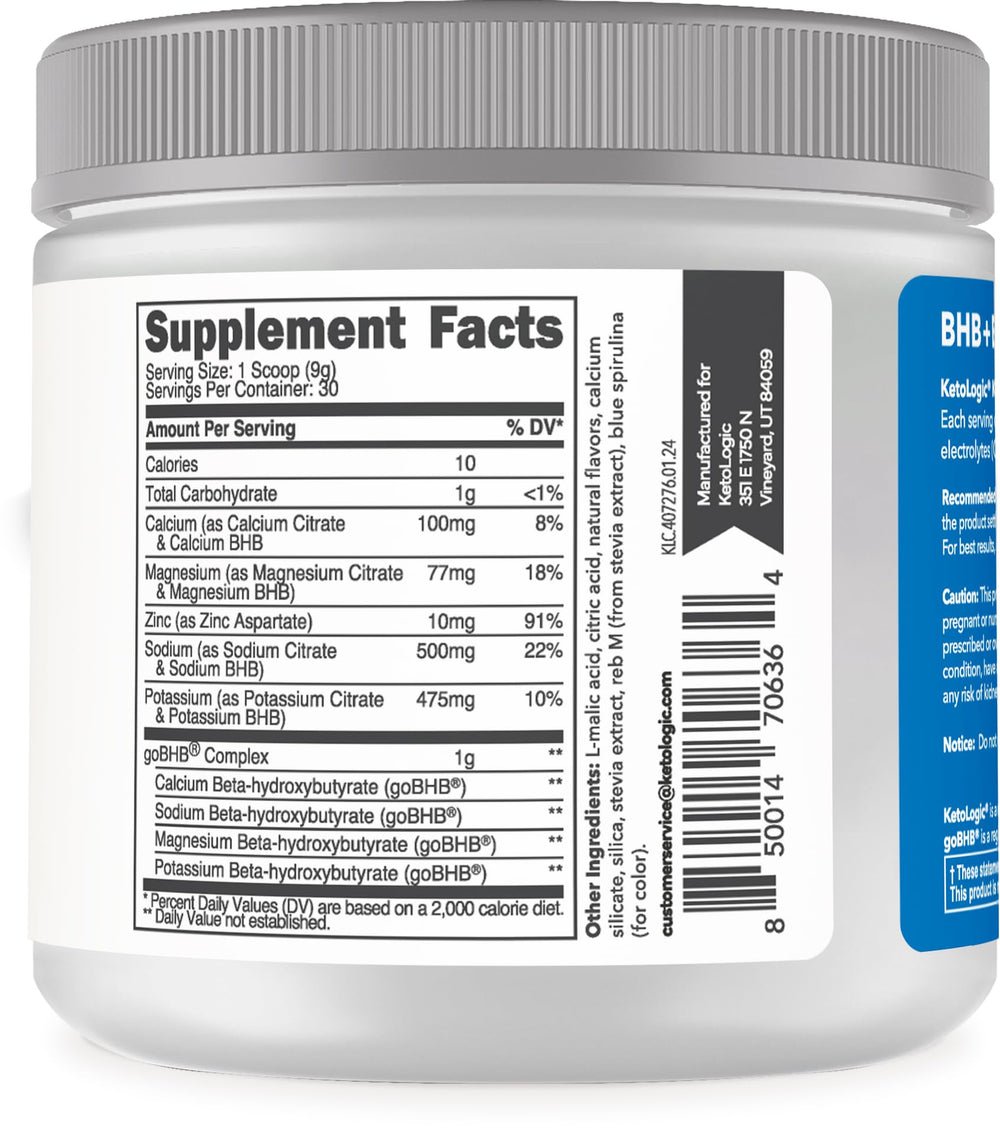 Ketologic Keto Electrolyte Blue Raspberry label close-up highlights goBHB and testing.