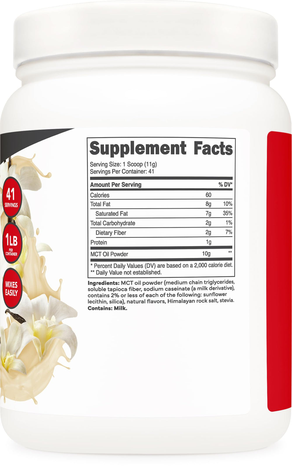 Nutrition facts for Ketologic MCT Oil Powder Hazelnut Cream