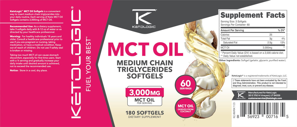 Close-up of Ketologic MCT Oil Softgels capsules inside the bottle