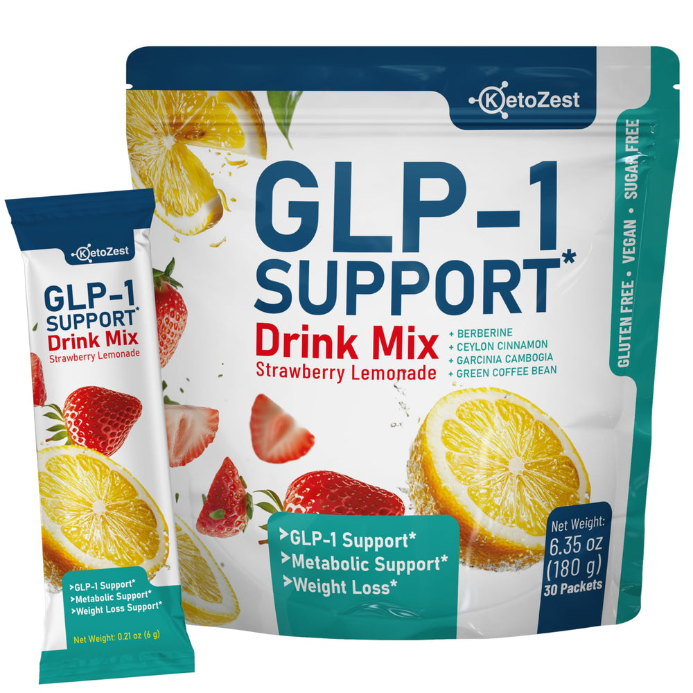 KetoZest GLP-1 Support drink packet in strawberry lemonade for appetite control on busy days.