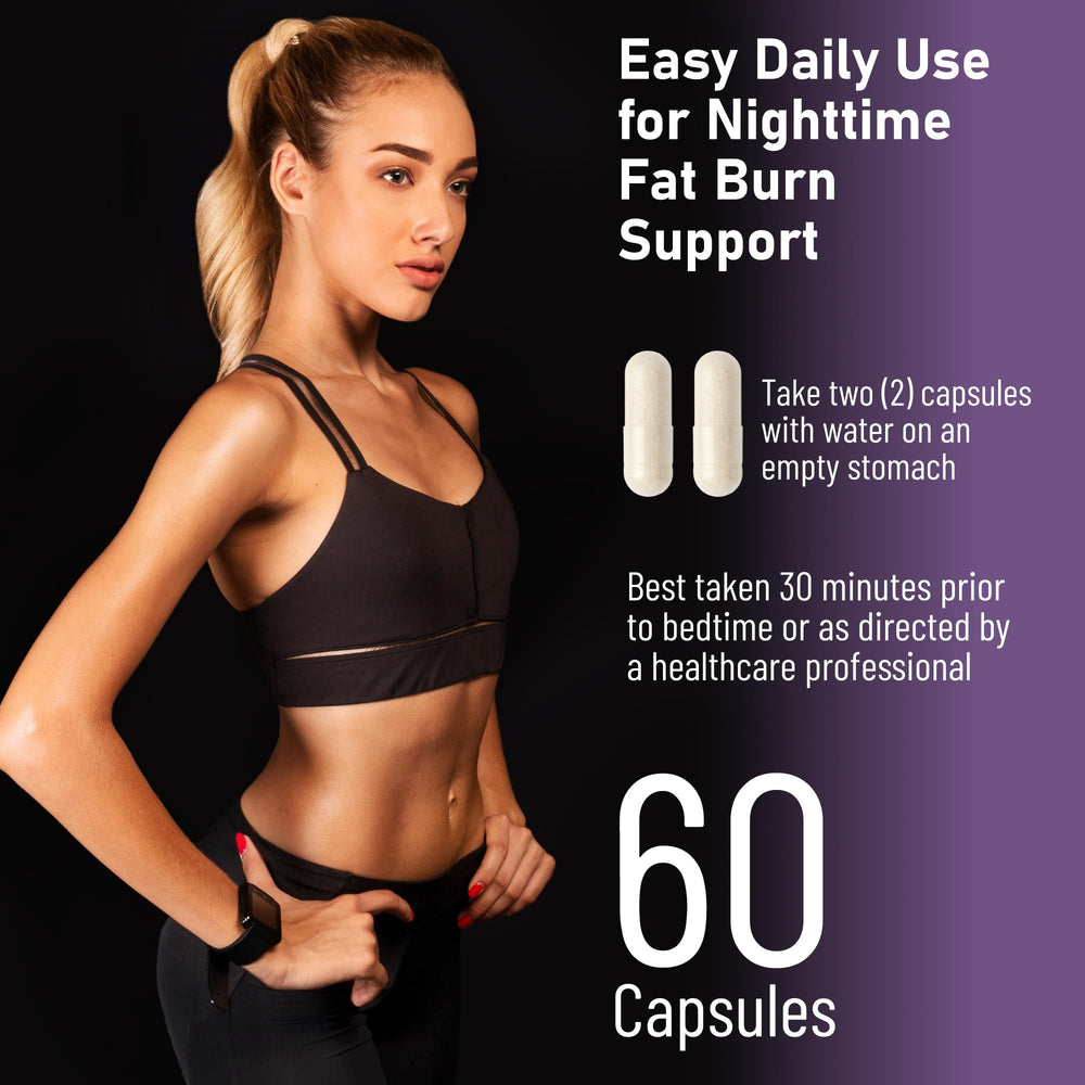 Capsules poured from bottle for nighttime weight management