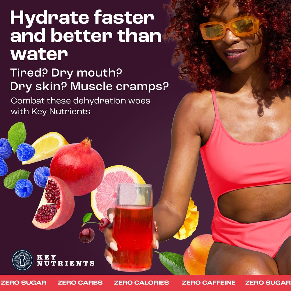 Key Nutrients electrolyte powder displays 18 vitamins and 6 minerals for daily support.