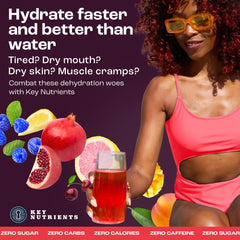 Key Nutrients electrolyte powder displays 18 vitamins and 6 minerals for daily support.