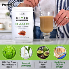 Back label with ingredients and nutrition facts for KeyTO Keto Collagen Salted Caramel