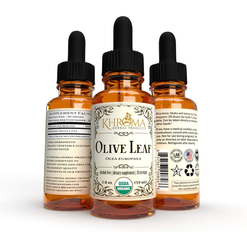 Khroma Organic Olive Leaf Liquid 2 oz bottle close-up of bottle and label