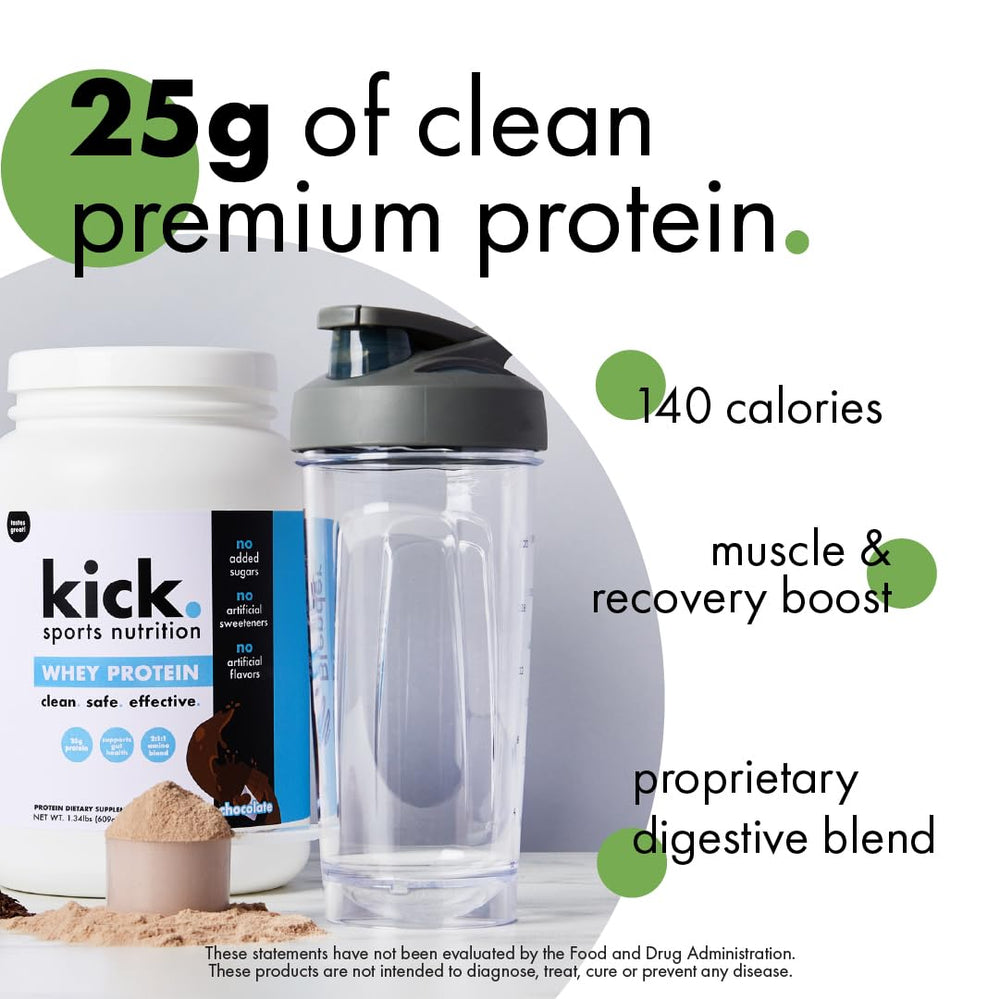 Kick Sports Nutrition Whey Protein bottle label communicates gluten-free formulation for fitness nutrition.