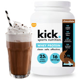 Kick Sports Nutrition Whey Protein Chocolate tub highlights 25g protein per serving.