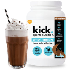 Kick Sports Nutrition Whey Protein Chocolate tub highlights 25g protein per serving.