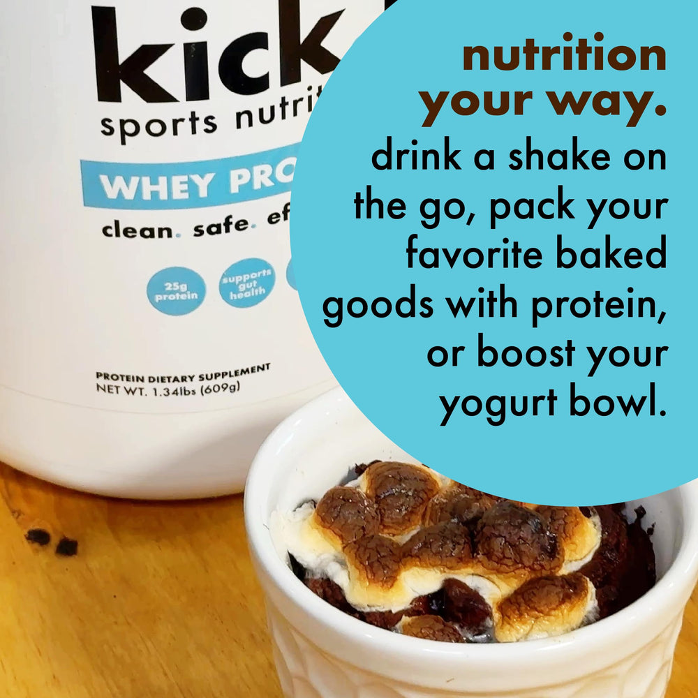 Kick Sports Nutrition Whey Protein digestive blend graphic hints at digestion-friendly protein support.