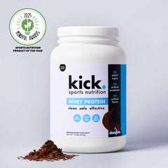 Kick Sports Nutrition Whey Protein gluten-free label reassures dietary-conscious customers on quality.