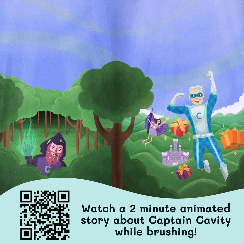Child brushing with Captain Cavity and Princess Pearly Whites toys