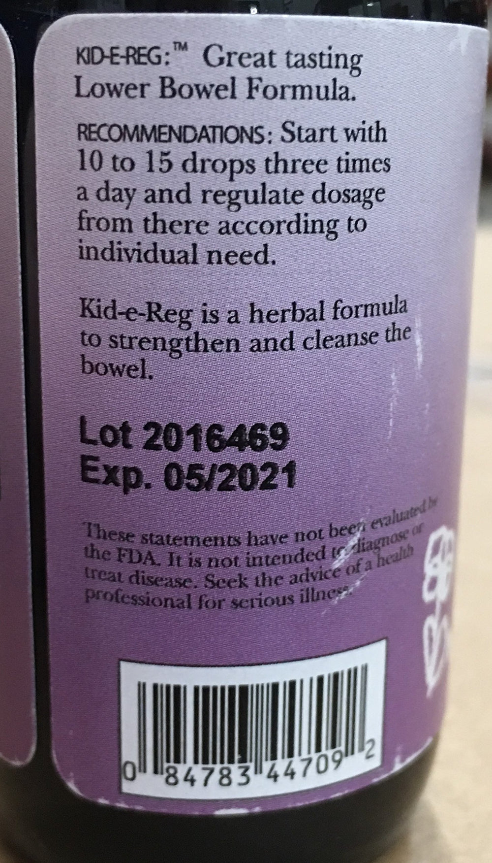 Kid-e-Reg Bowel Tonic bottle with herbal blend label