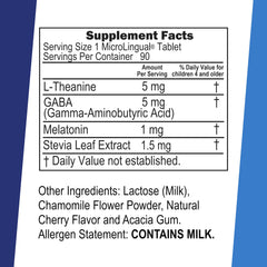 Product label showing 1 mg melatonin, 5 mg GABA, and 5 mg L-Theanine