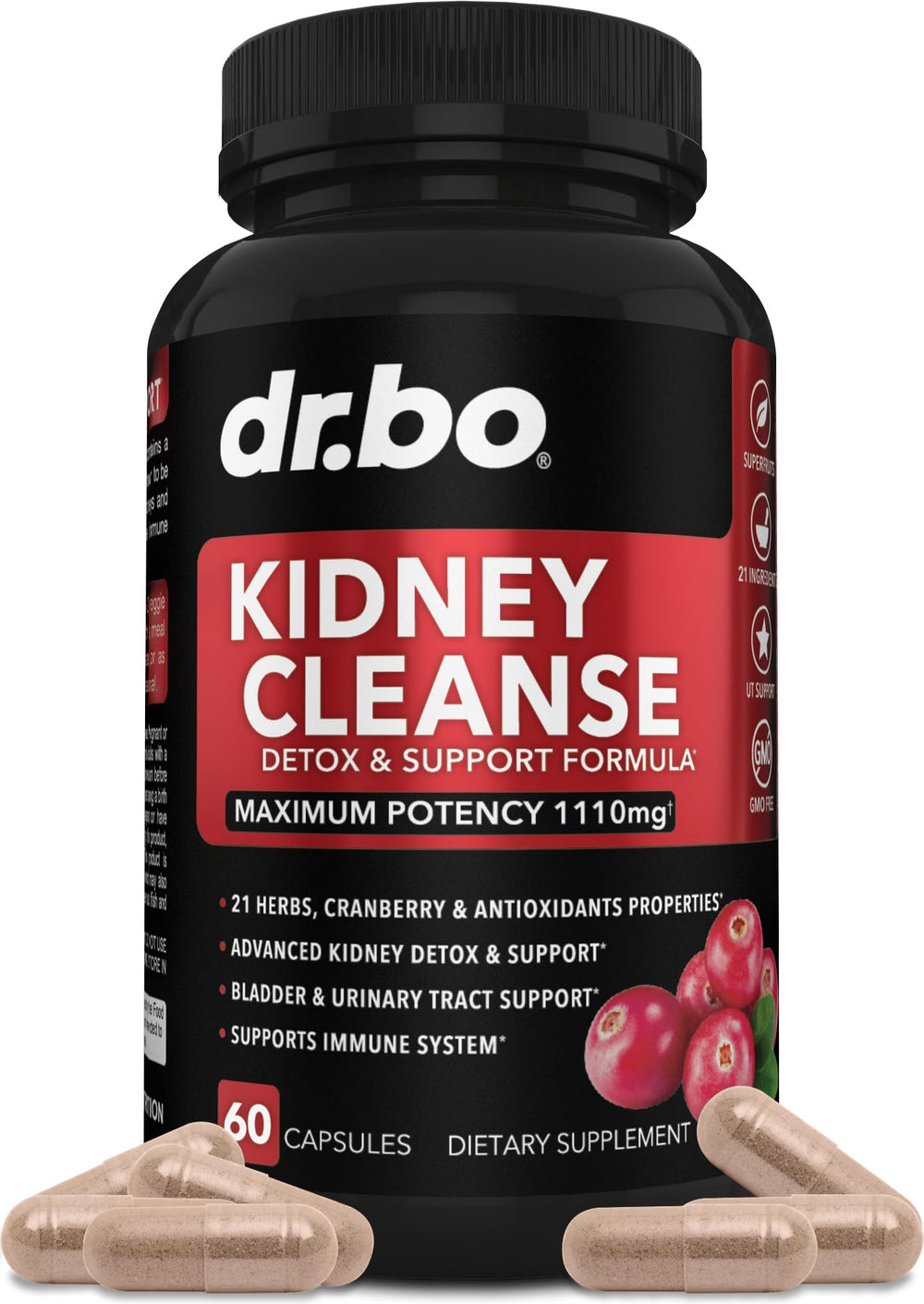 Bottle of kidney cleanse detox supplement with cranberry and juniper berries