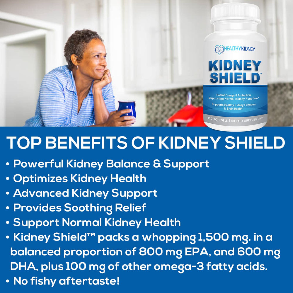 Kidney Shield bottle with lemon slices conveys refreshing, kidney-friendly supplement.