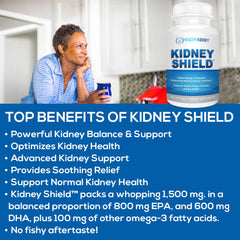 Kidney Shield bottle with lemon slices conveys refreshing, kidney-friendly supplement.