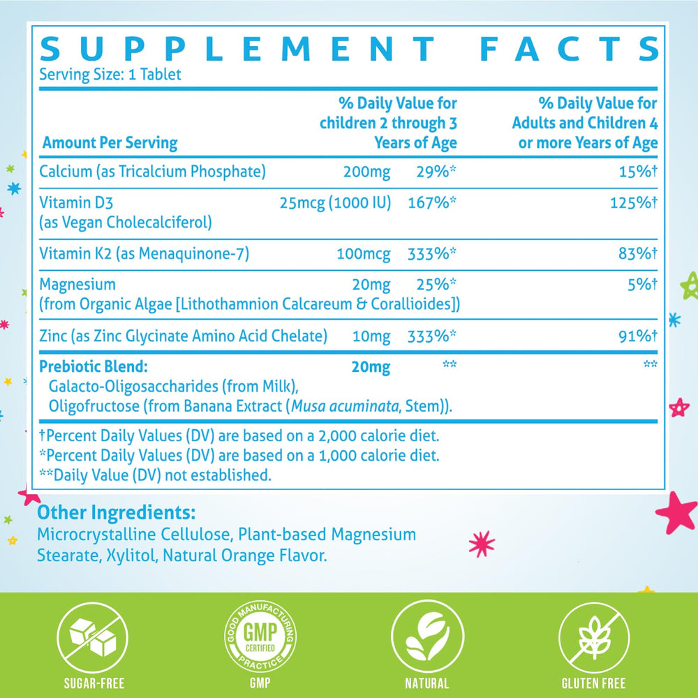 Back nutrition label for kids calcium supplement