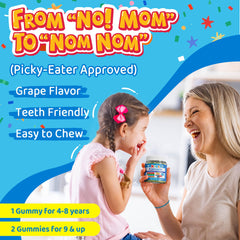 Child holding a grape flavored calcium gummy