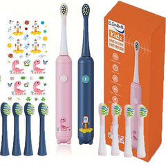 Pink children's electric toothbrush with four replacement heads and soft BPA-free nylon bristles.