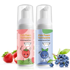 Two 60 ml tubes of kids foam toothpaste in a 2-pack with blueberry, strawberry, watermelon, and orange flavors