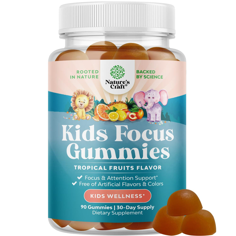 Bottle of Kids Focus Gummies with brain-boosting ingredients label