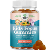 Bottle of Kids Focus Gummies with brain-boosting ingredients label