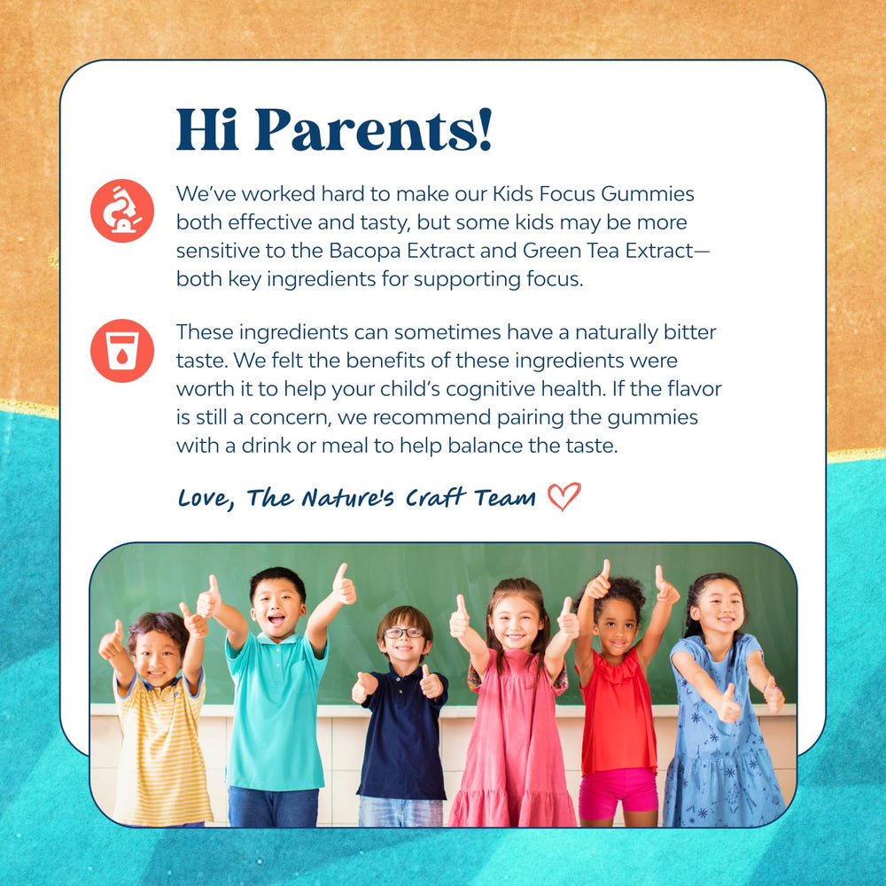 Nutrition information panel for Kids Focus Gummies packaging