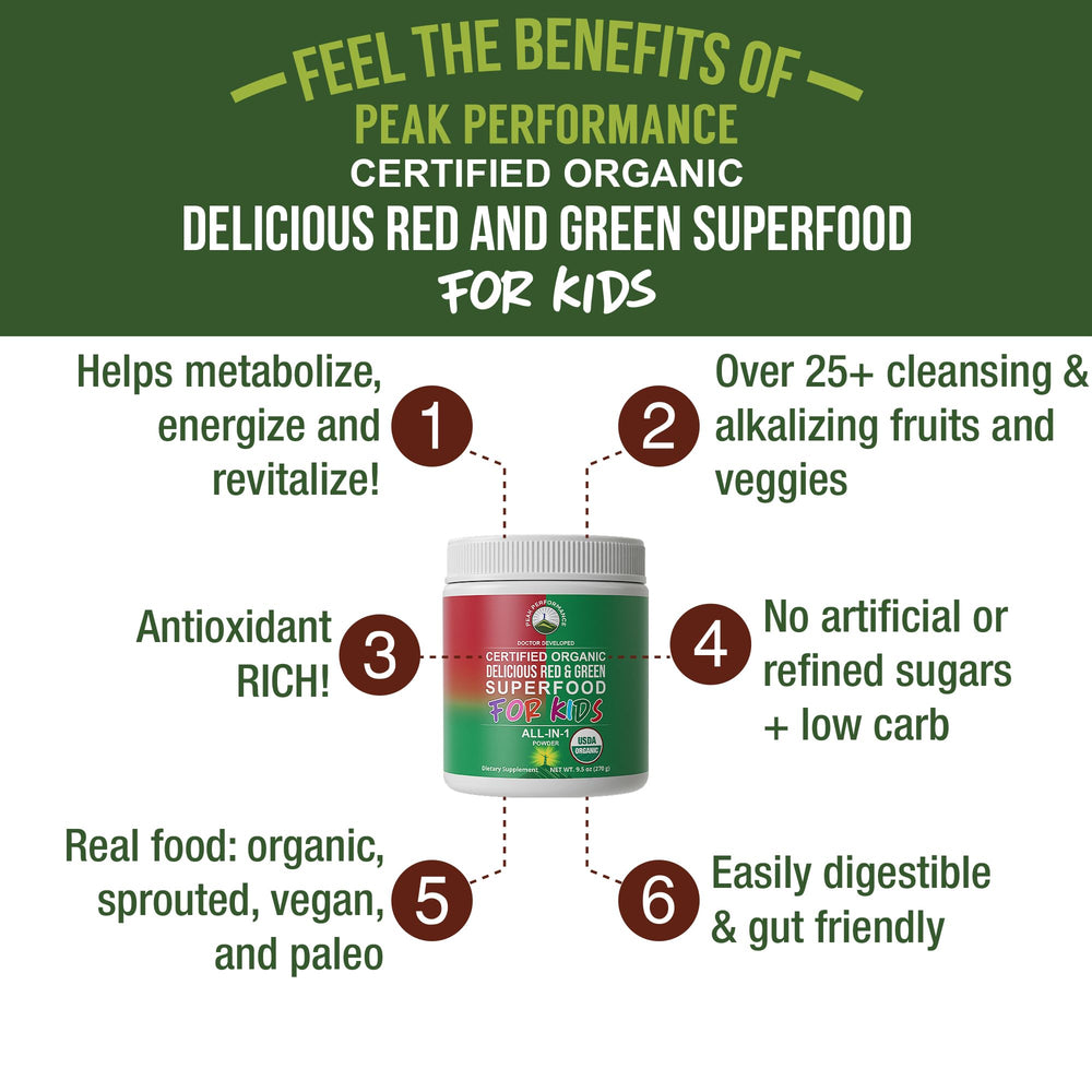 Label showing organic vegan ingredients on Kids Greens and Reds