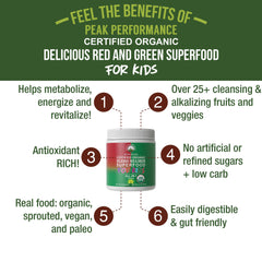 Label showing organic vegan ingredients on Kids Greens and Reds