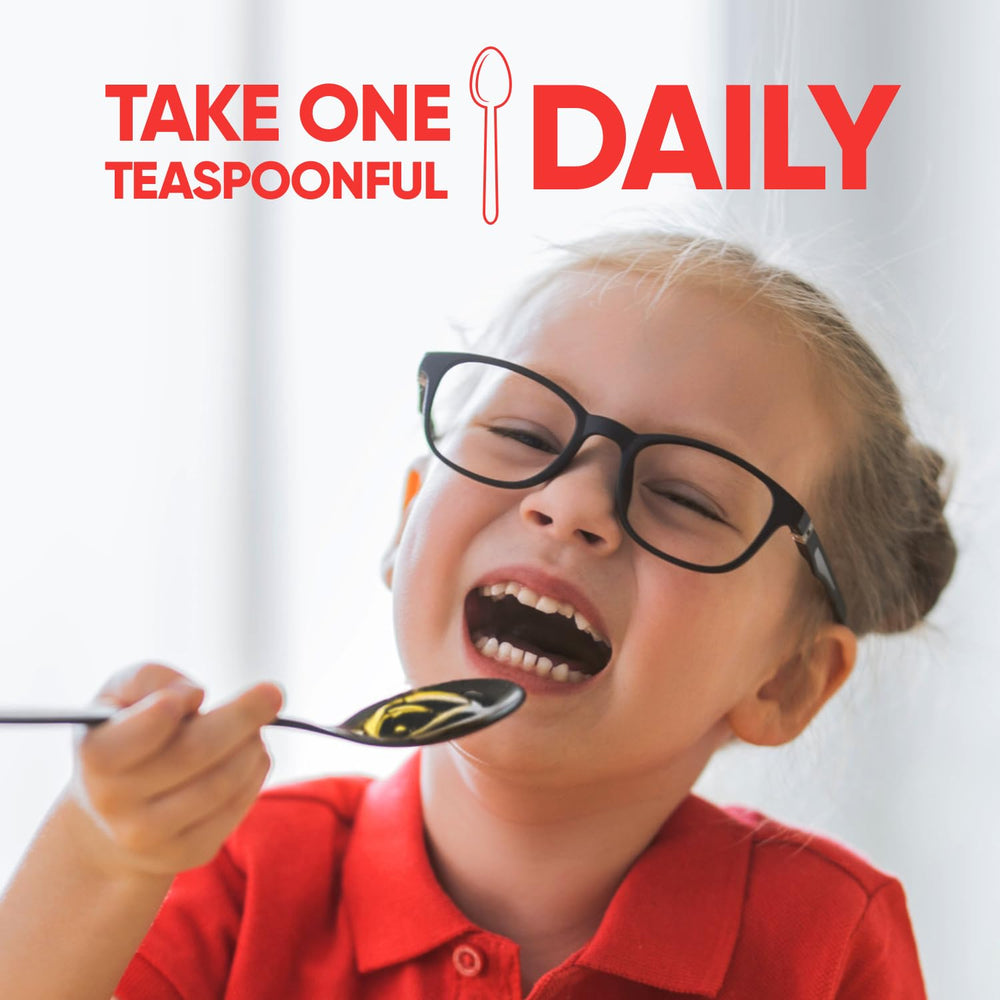 Kid-friendly strawberry-banana cod liver oil liquid supplement for kids.