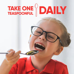 Kid-friendly strawberry-banana cod liver oil liquid supplement for kids.