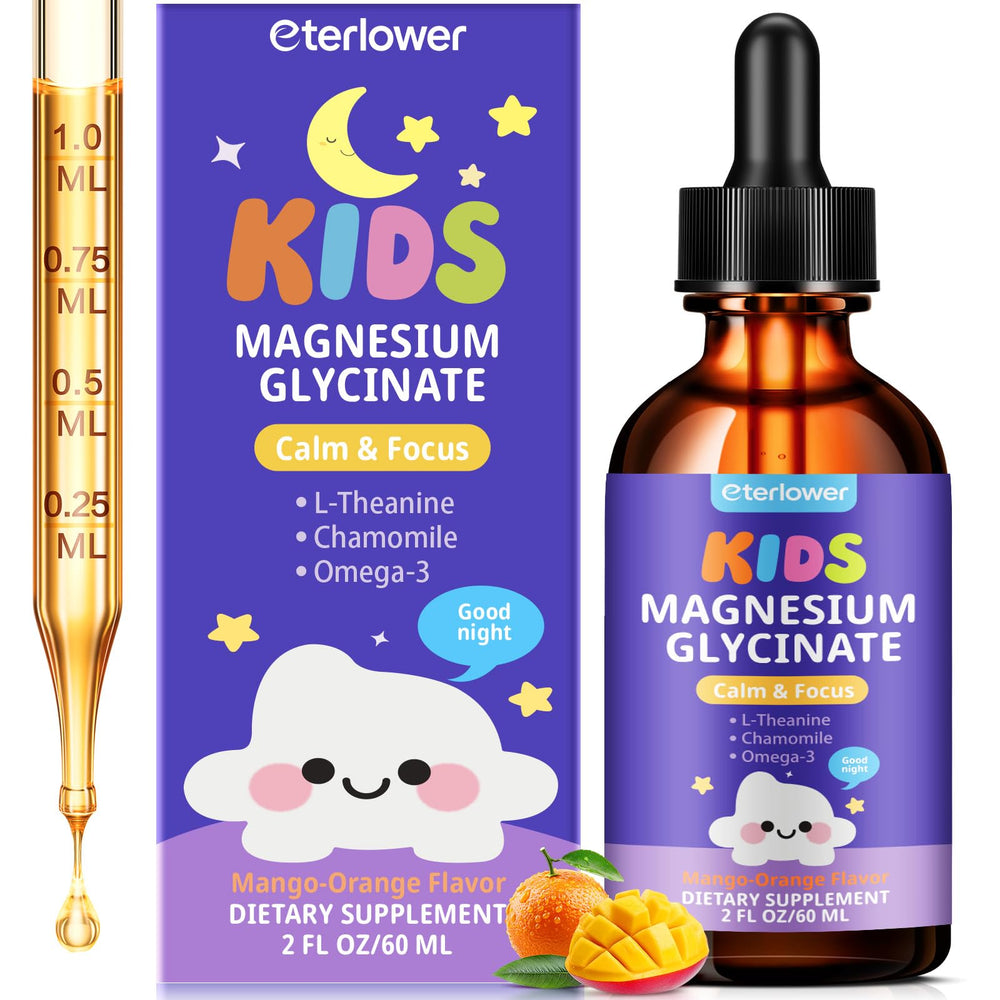 2 oz bottle of kids magnesium glycinate liquid drops in orange-mango flavor