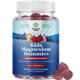 Front view of kids raspberry magnesium gummies bottle with 90 count label