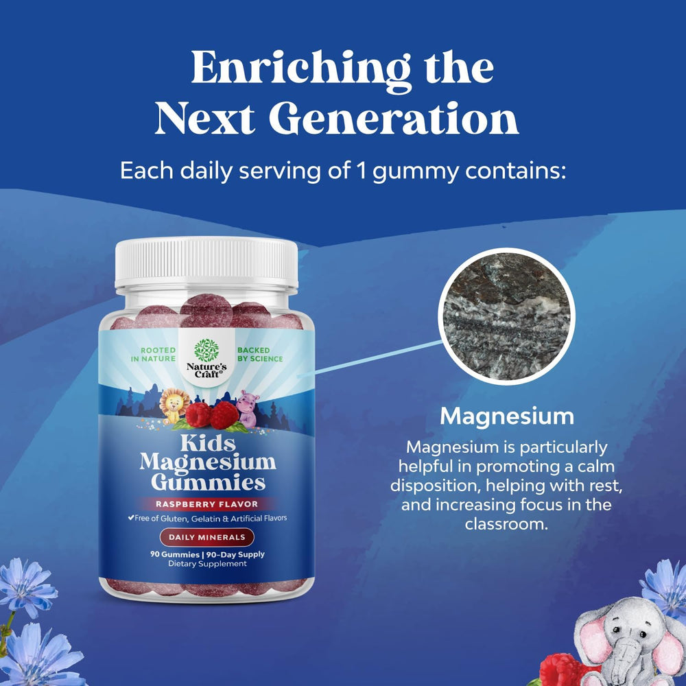 Close-up of packaging for kids magnesium gummies raspberry flavor