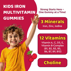 Close-up of ingredients in kids multivitamin with iron gummies