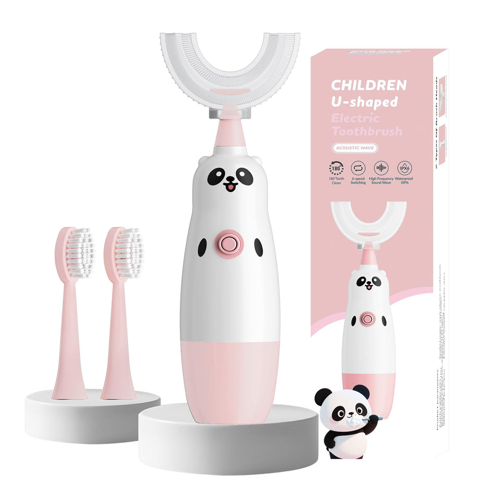 Pink panda-themed kids U-shaped electric toothbrush front view