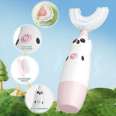 Pink toothbrush with two brush heads and 360-degree cleaning concept