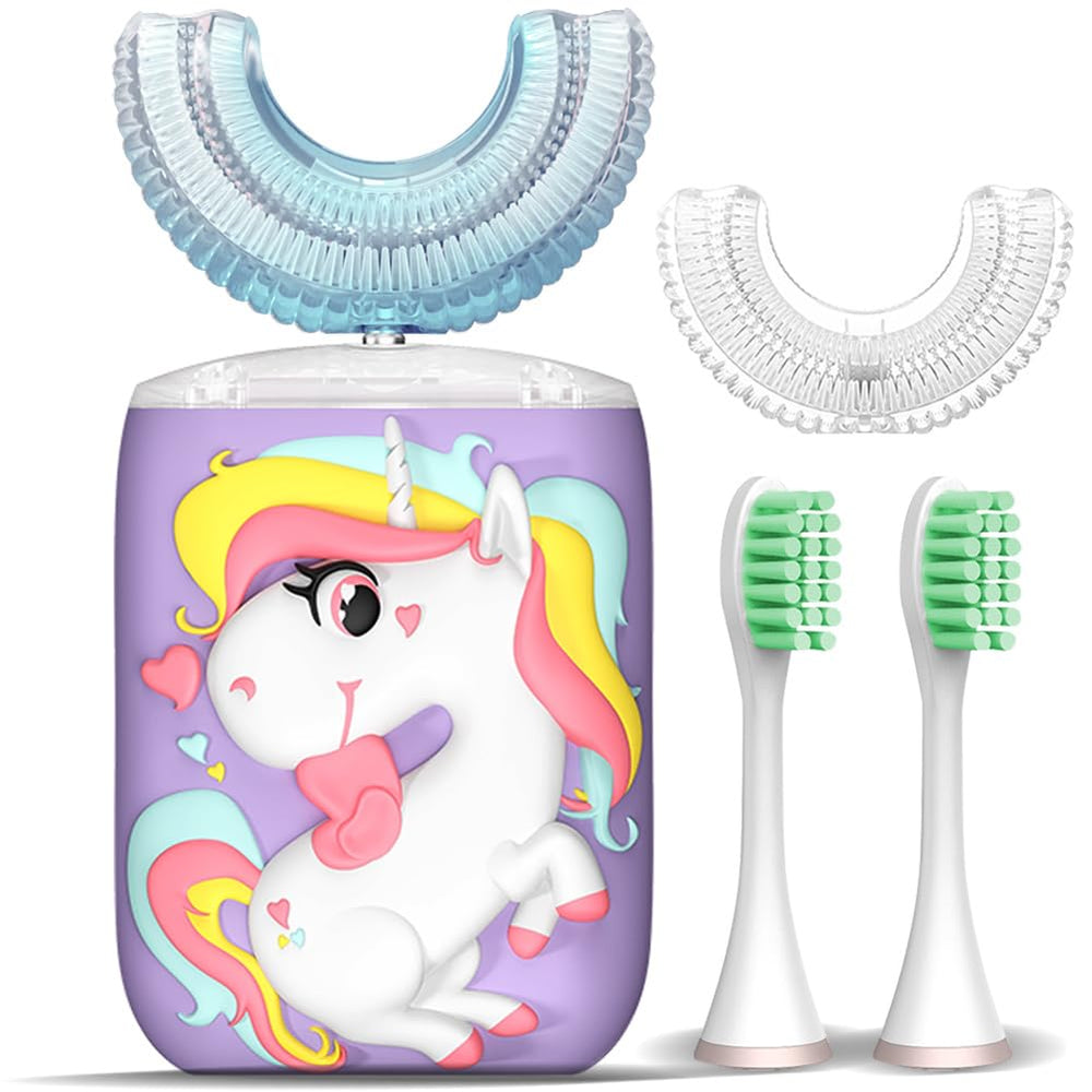 Kids U-shaped electric toothbrush in purple with unicorn design for ages 2-7