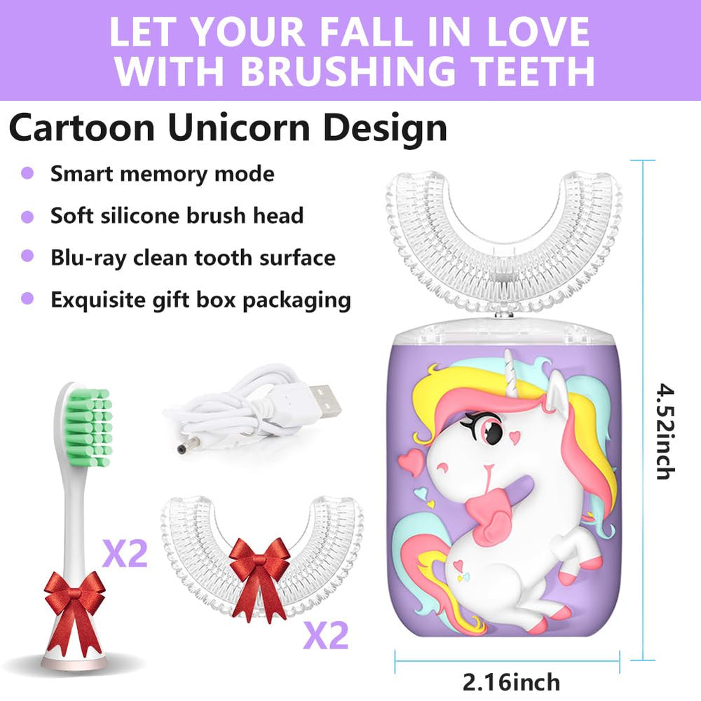 Unicorn-themed U-shaped kids toothbrush with 2 U-shaped and 2 standard heads