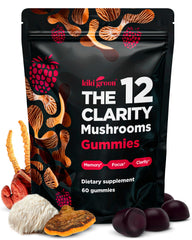 KIKI Green 12 Mushroom Gummies Raspberry flavor bottle and gummies