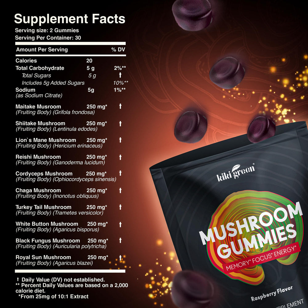 KIKI Green Mushroom Gummies packaging highlighting vegan and gluten-free claims